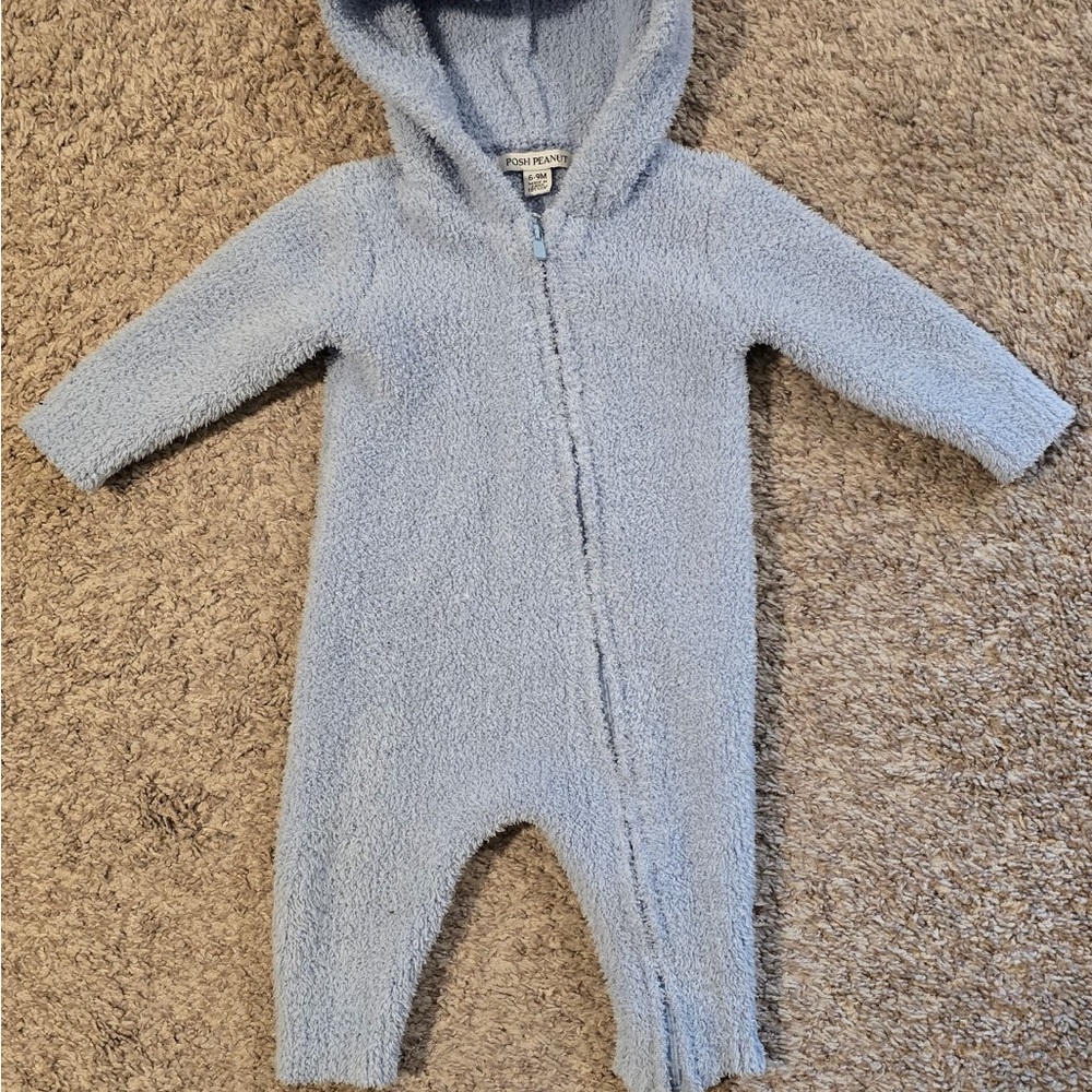 Posh Peanut Soft Blue Hooded Cozy Jumpsuit 6-9M EUC